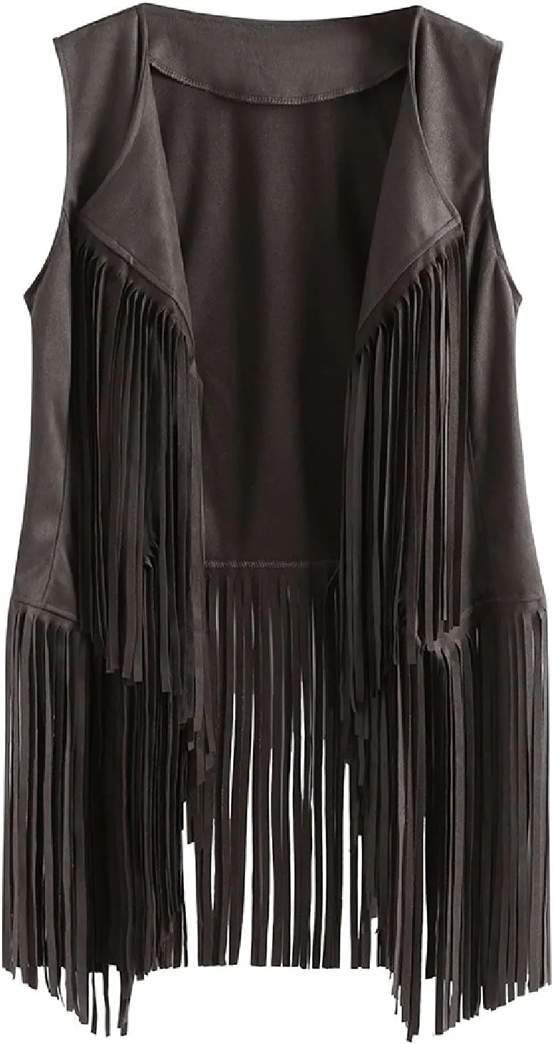 Womens Vintage Western Fringe Vest Tops Classic Suede Leather 70s Cowboy Shirt Sleeveless Tassel Cardigan Coat