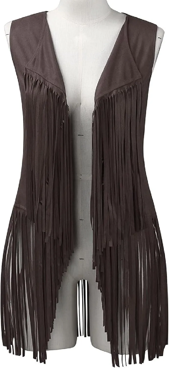 Womens Vintage Western Fringe Vest Tops Classic Suede Leather 70s Cowboy Shirt Sleeveless Tassel Cardigan Coat