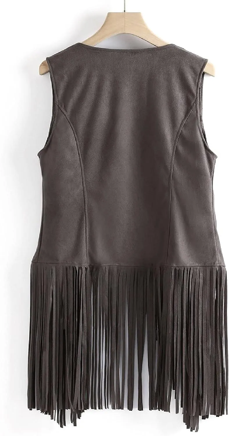 Womens Vintage Western Fringe Vest Tops Classic Suede Leather 70s Cowboy Shirt Sleeveless Tassel Cardigan Coat