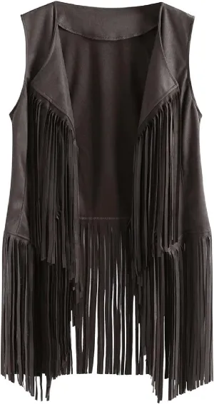 Womens Vintage Western Fringe Vest Tops Classic Suede Leather 70s Cowboy Shirt Sleeveless Tassel Cardigan Coat