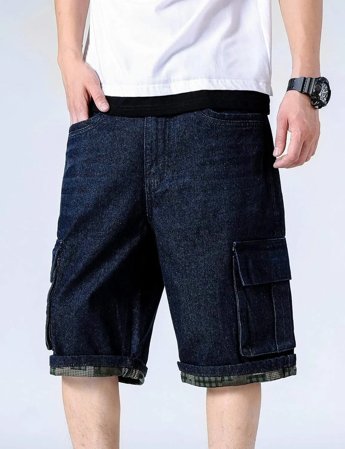 Yeokou Men's Loose Hip Hop Cropped Jeans Work Denim Shorts with Cargo Pockets