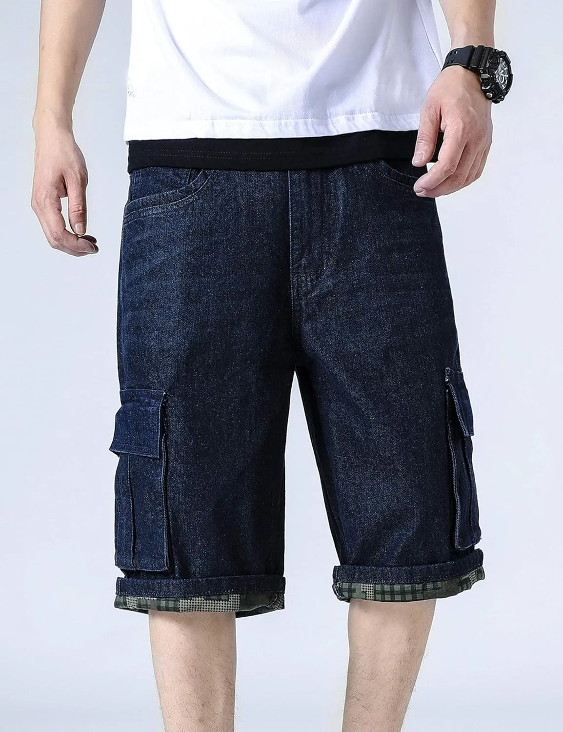 Yeokou Men's Loose Hip Hop Cropped Jeans Work Denim Shorts with Cargo Pockets