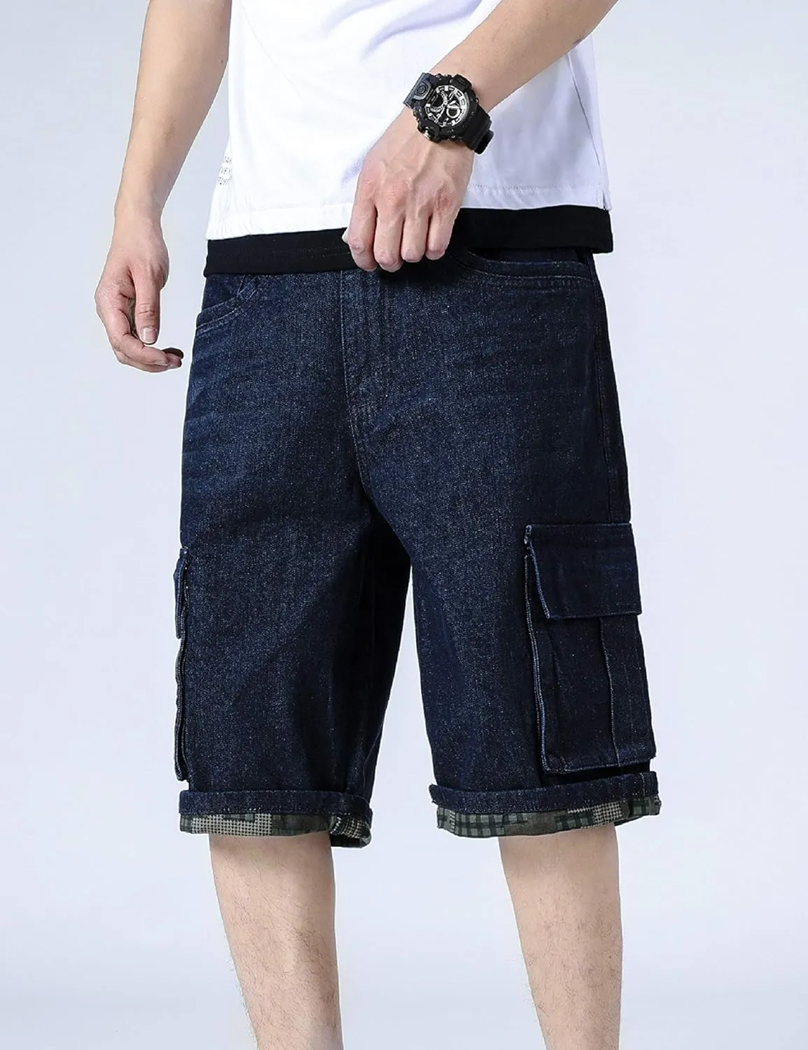 Yeokou Men's Loose Hip Hop Cropped Jeans Work Denim Shorts with Cargo Pockets