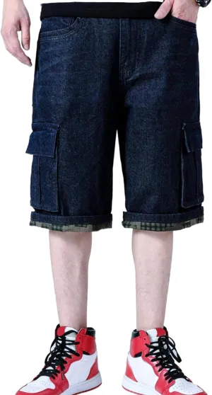 Yeokou Men's Loose Hip Hop Cropped Jeans Work Denim Shorts with Cargo Pockets