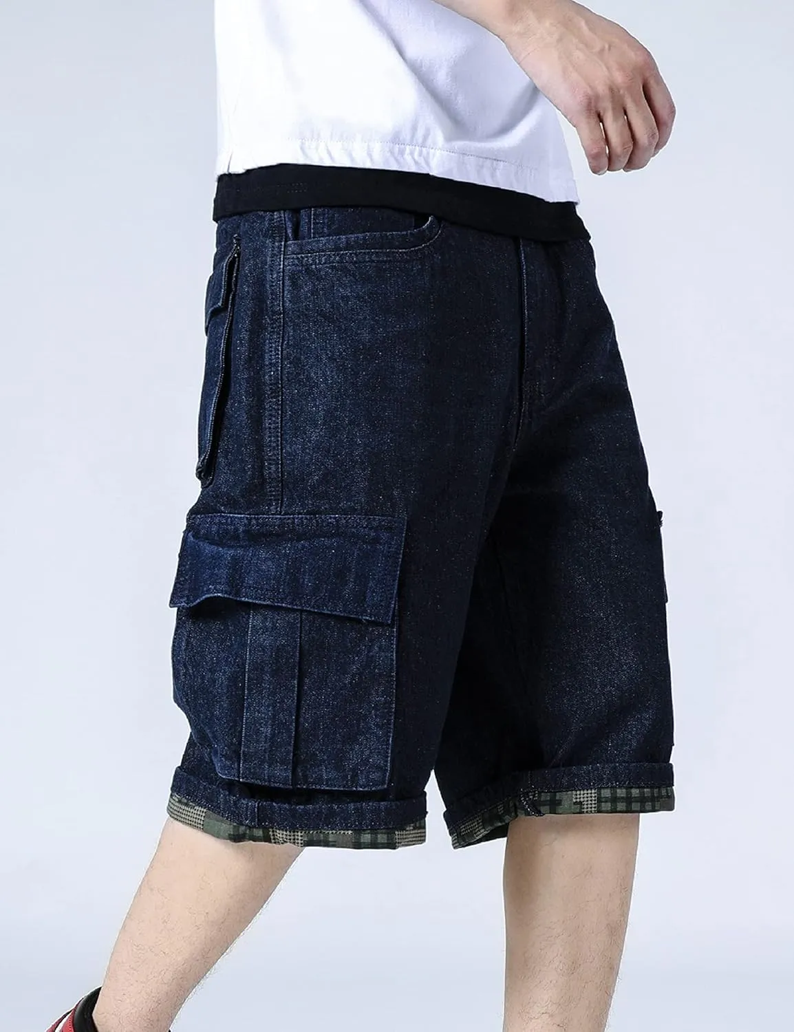 Yeokou Men's Loose Hip Hop Cropped Jeans Work Denim Shorts with Cargo Pockets