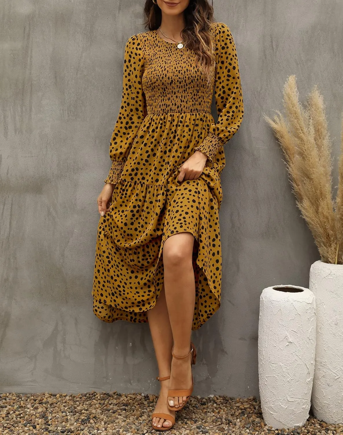 Zattcas Womens Fall Dresses 2025 Casual Long Sleeve Smocked Boho Floral Tiered Midi Wedding Guest Dress with Pockets