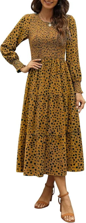 Zattcas Womens Fall Dresses 2025 Casual Long Sleeve Smocked Boho Floral Tiered Midi Wedding Guest Dress with Pockets
