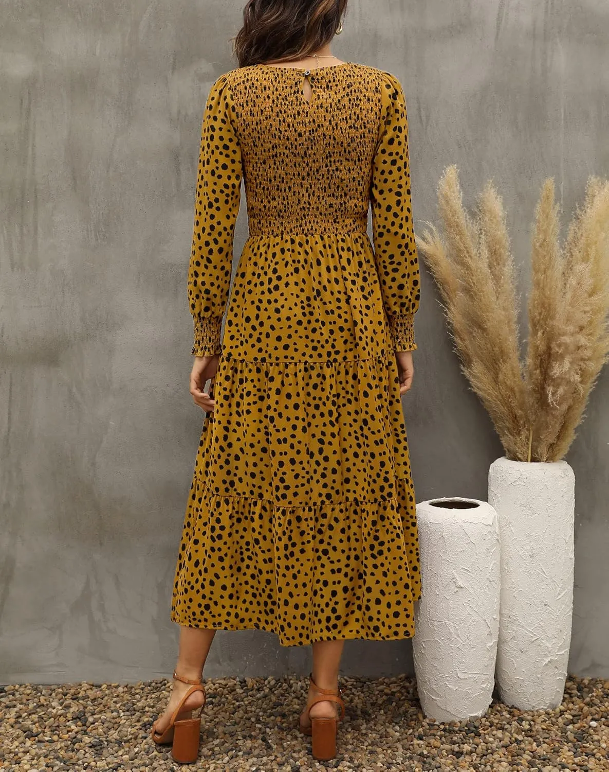 Zattcas Womens Fall Dresses 2025 Casual Long Sleeve Smocked Boho Floral Tiered Midi Wedding Guest Dress with Pockets