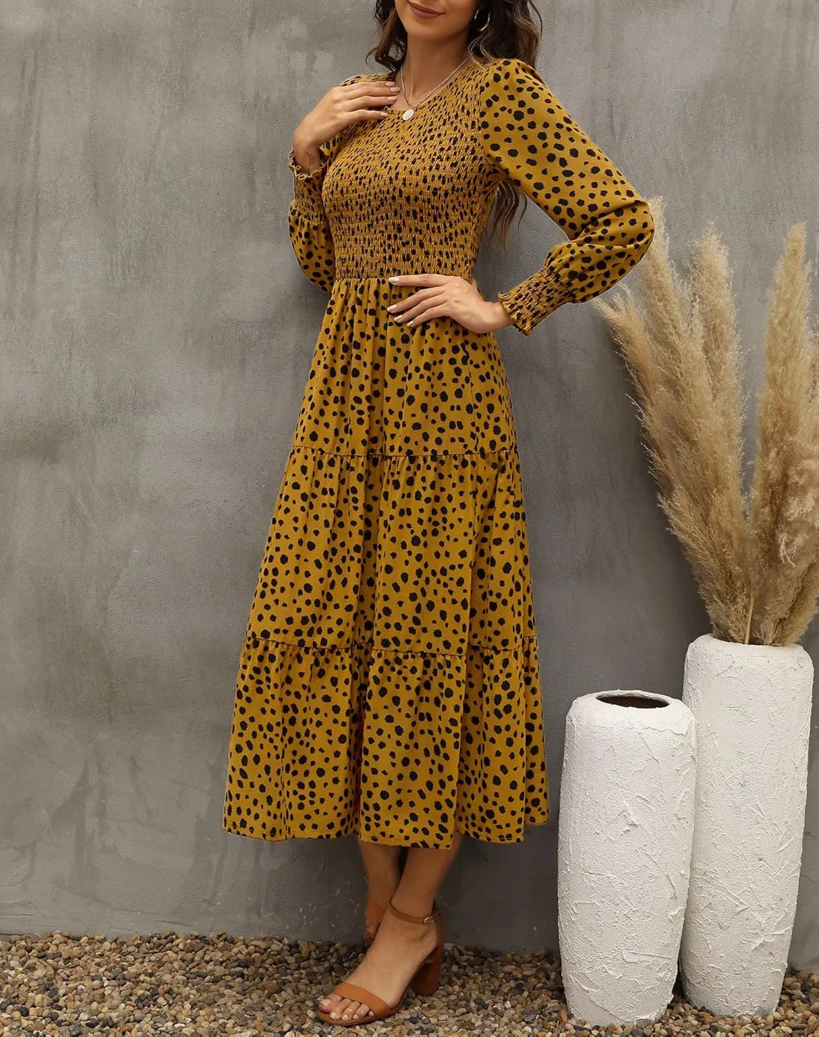 Zattcas Womens Fall Dresses 2025 Casual Long Sleeve Smocked Boho Floral Tiered Midi Wedding Guest Dress with Pockets