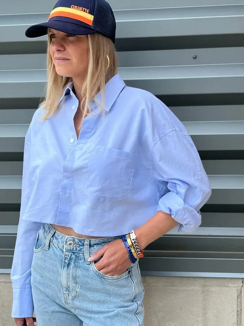 Zeagoo Womens Button Down Cropped Shirts Long Sleeve V Neck Solid Tops Casual Collared Blouse with Chest Pocket XS-XXL