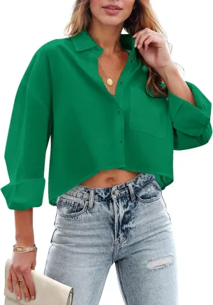 Zeagoo Womens Button Down Cropped Shirts Long Sleeve V Neck Solid Tops Casual Collared Blouse with Chest Pocket XS-XXL