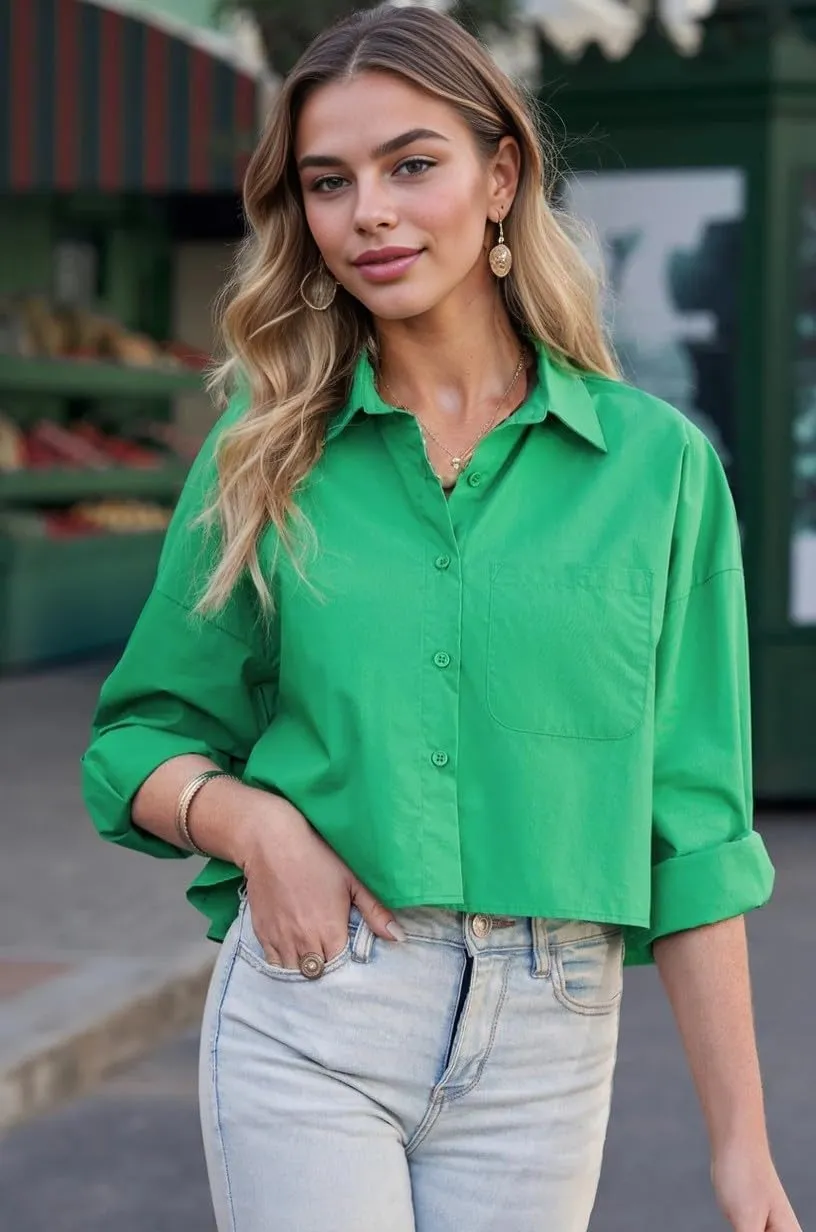 Zeagoo Womens Button Down Cropped Shirts Long Sleeve V Neck Solid Tops Casual Collared Blouse with Chest Pocket XS-XXL