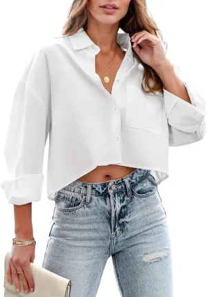 Zeagoo Womens Button Down Cropped Shirts Long Sleeve V Neck Solid Tops Casual Collared Blouse with Chest Pocket XS-XXL