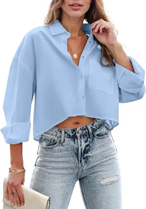 Zeagoo Womens Button Down Cropped Shirts Long Sleeve V Neck Solid Tops Casual Collared Blouse with Chest Pocket XS-XXL