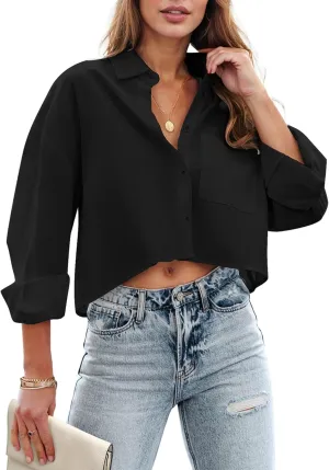 Zeagoo Womens Button Down Cropped Shirts Long Sleeve V Neck Solid Tops Casual Collared Blouse with Chest Pocket XS-XXL