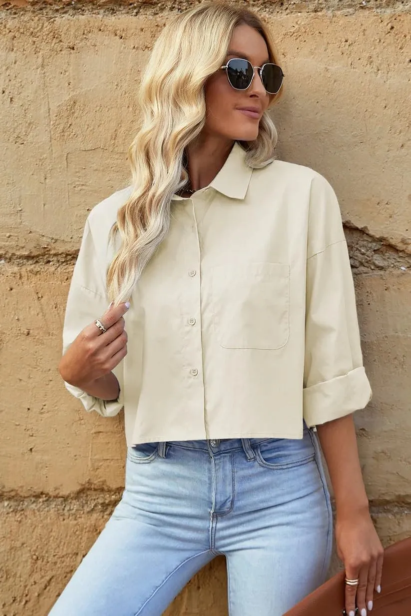 Zeagoo Womens Button Down Cropped Shirts Long Sleeve V Neck Solid Tops Casual Collared Blouse with Chest Pocket XS-XXL