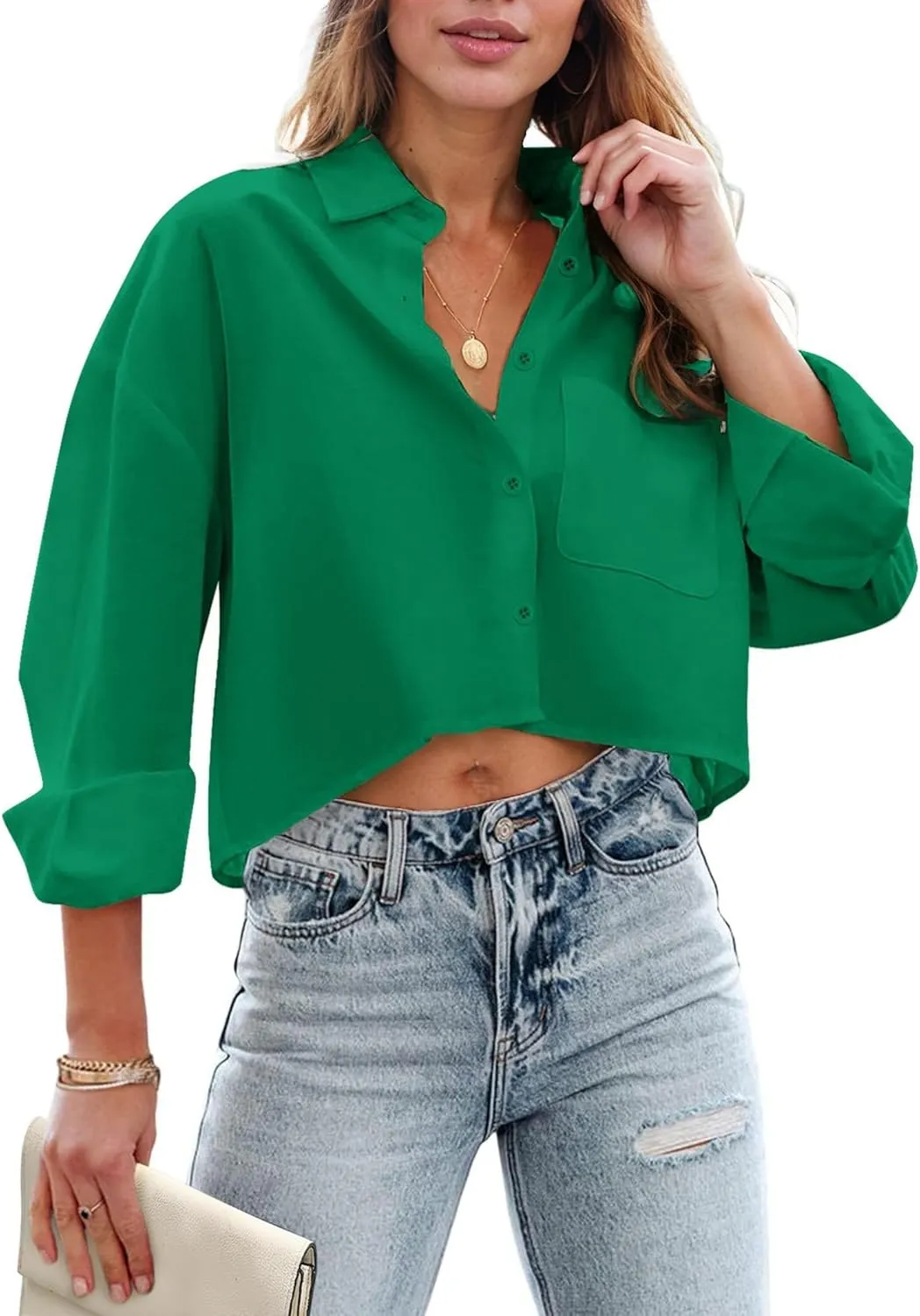 Zeagoo Womens Button Down Cropped Shirts Long Sleeve V Neck Solid Tops Casual Collared Blouse with Chest Pocket XS-XXL