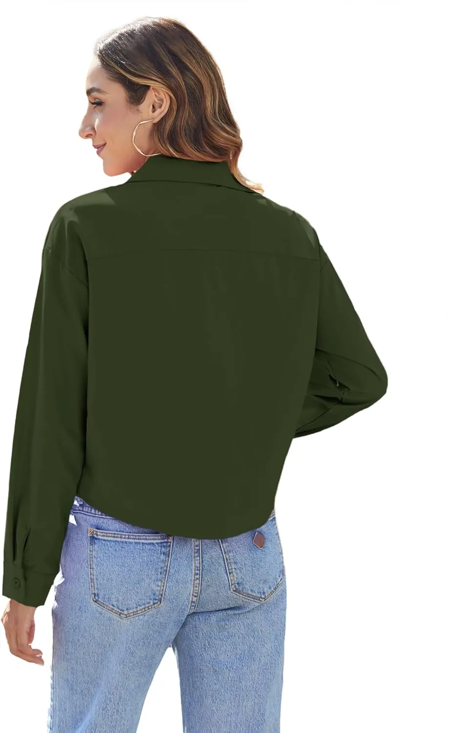 Zeagoo Womens Button Down Cropped Shirts Long Sleeve V Neck Solid Tops Casual Collared Blouse with Chest Pocket XS-XXL