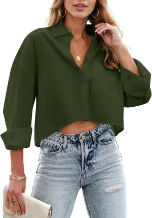 Zeagoo Womens Button Down Cropped Shirts Long Sleeve V Neck Solid Tops Casual Collared Blouse with Chest Pocket XS-XXL
