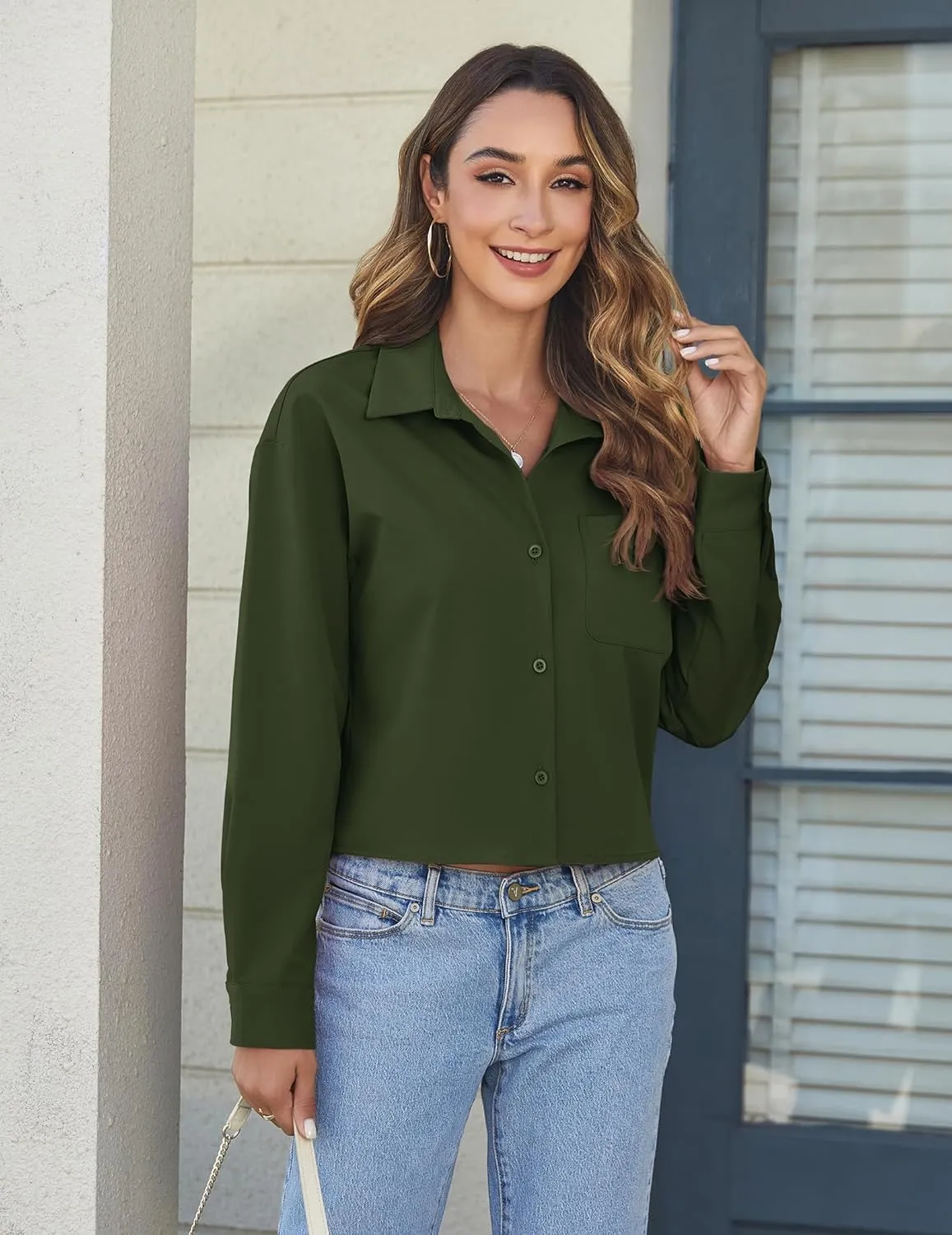 Zeagoo Womens Button Down Cropped Shirts Long Sleeve V Neck Solid Tops Casual Collared Blouse with Chest Pocket XS-XXL