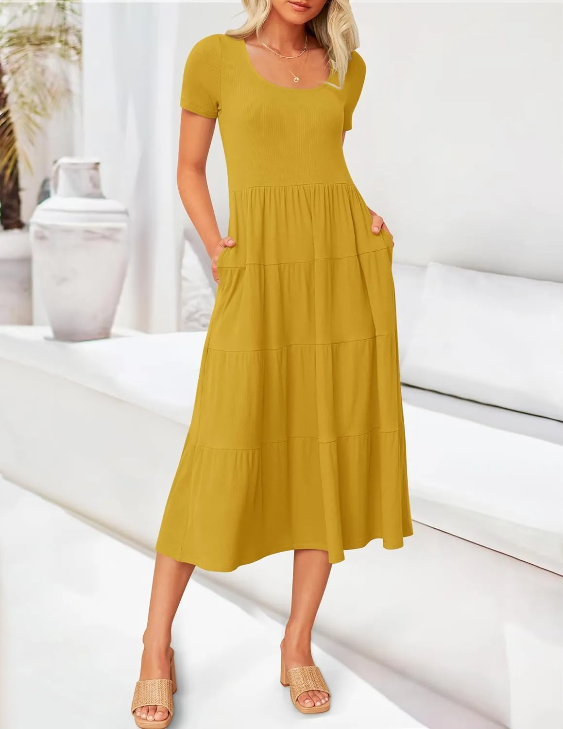 ZESICA Women's Summer Casual T Shirt Dress Short Sleeve Scoop Neck Flowy Tiered Beach Midi Dresses with Pockets