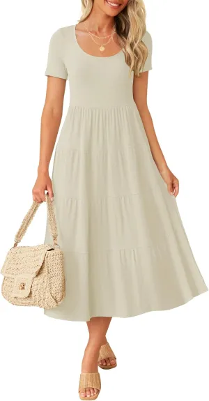 ZESICA Women's Summer Casual T Shirt Dress Short Sleeve Scoop Neck Flowy Tiered Beach Midi Dresses with Pockets
