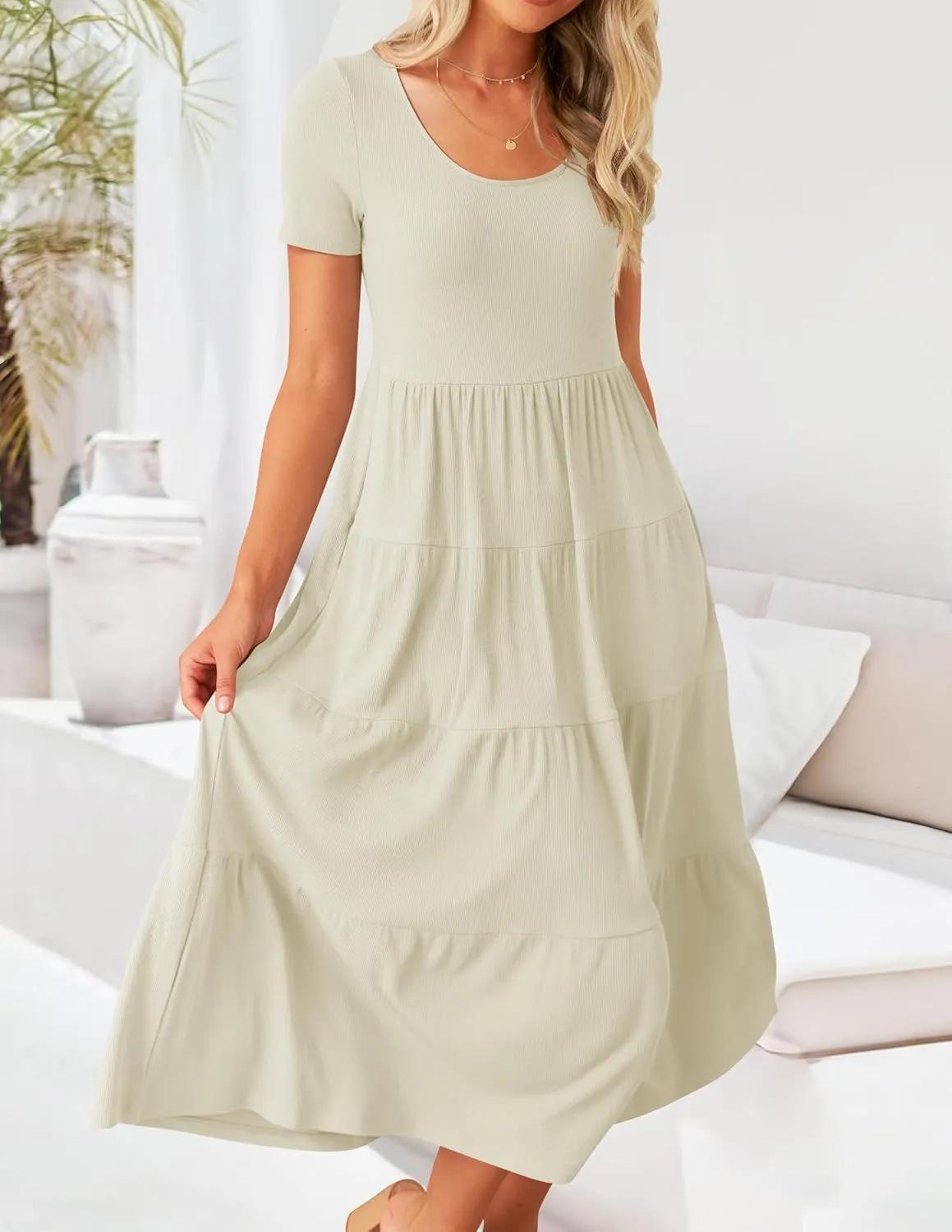 ZESICA Women's Summer Casual T Shirt Dress Short Sleeve Scoop Neck Flowy Tiered Beach Midi Dresses with Pockets
