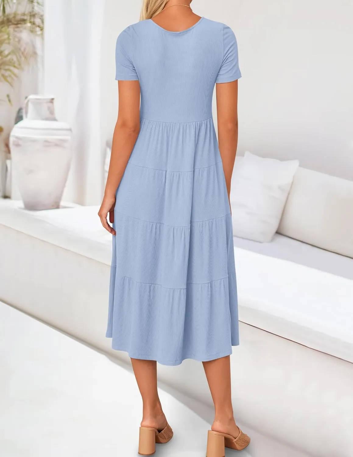 ZESICA Women's Summer Casual T Shirt Dress Short Sleeve Scoop Neck Flowy Tiered Beach Midi Dresses with Pockets