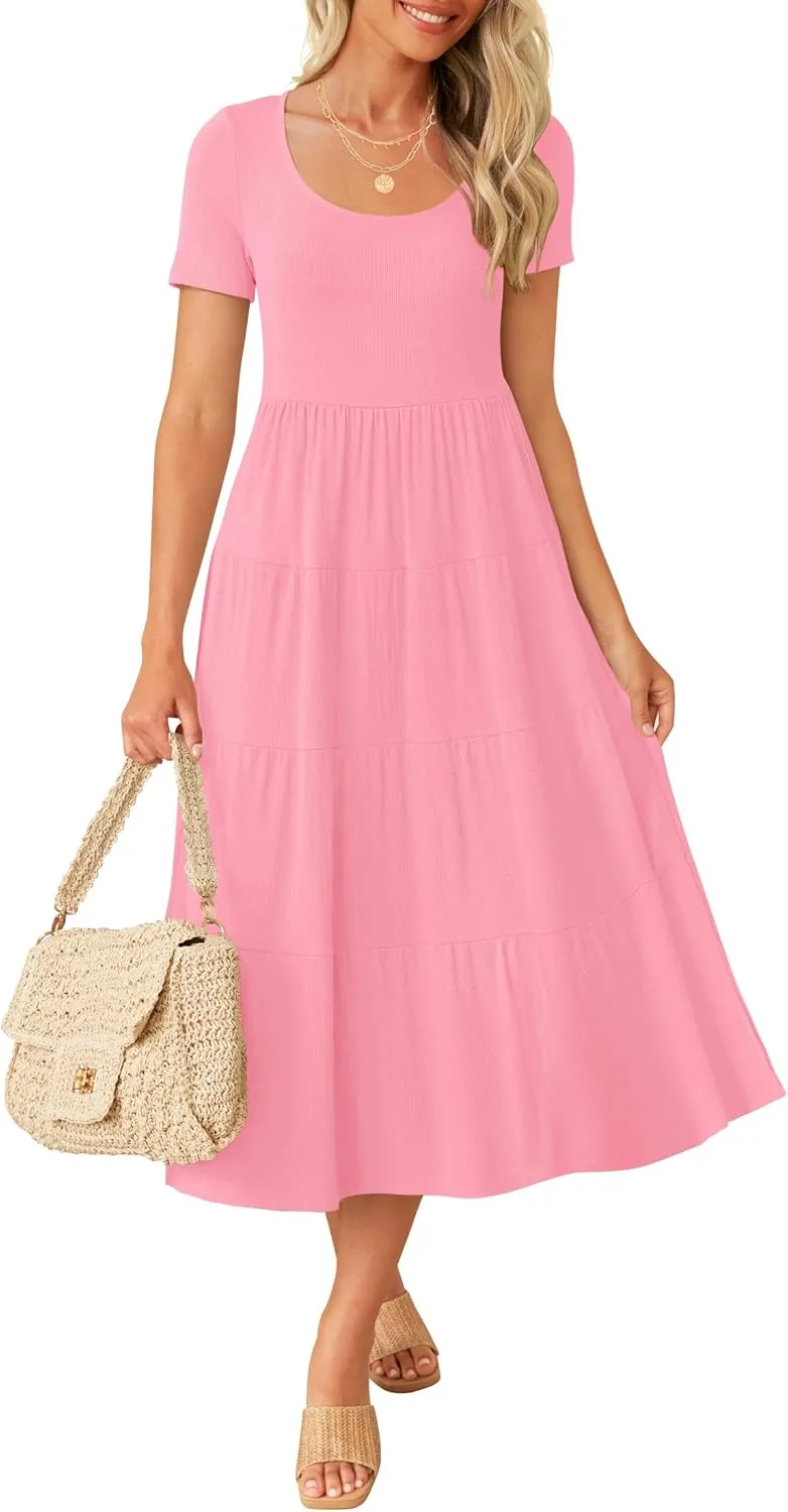 ZESICA Women's Summer Casual T Shirt Dress Short Sleeve Scoop Neck Flowy Tiered Beach Midi Dresses with Pockets