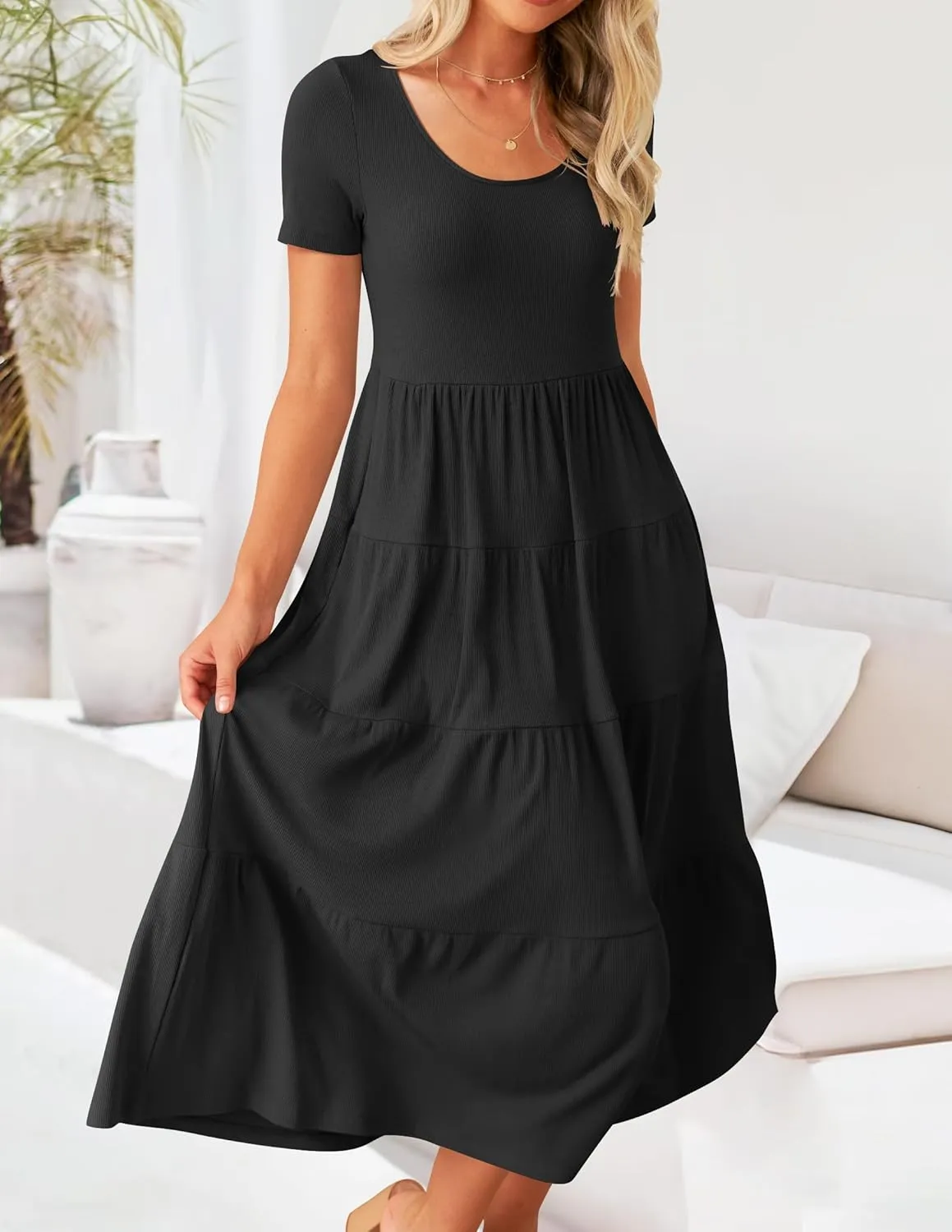 ZESICA Women's Summer Casual T Shirt Dress Short Sleeve Scoop Neck Flowy Tiered Beach Midi Dresses with Pockets