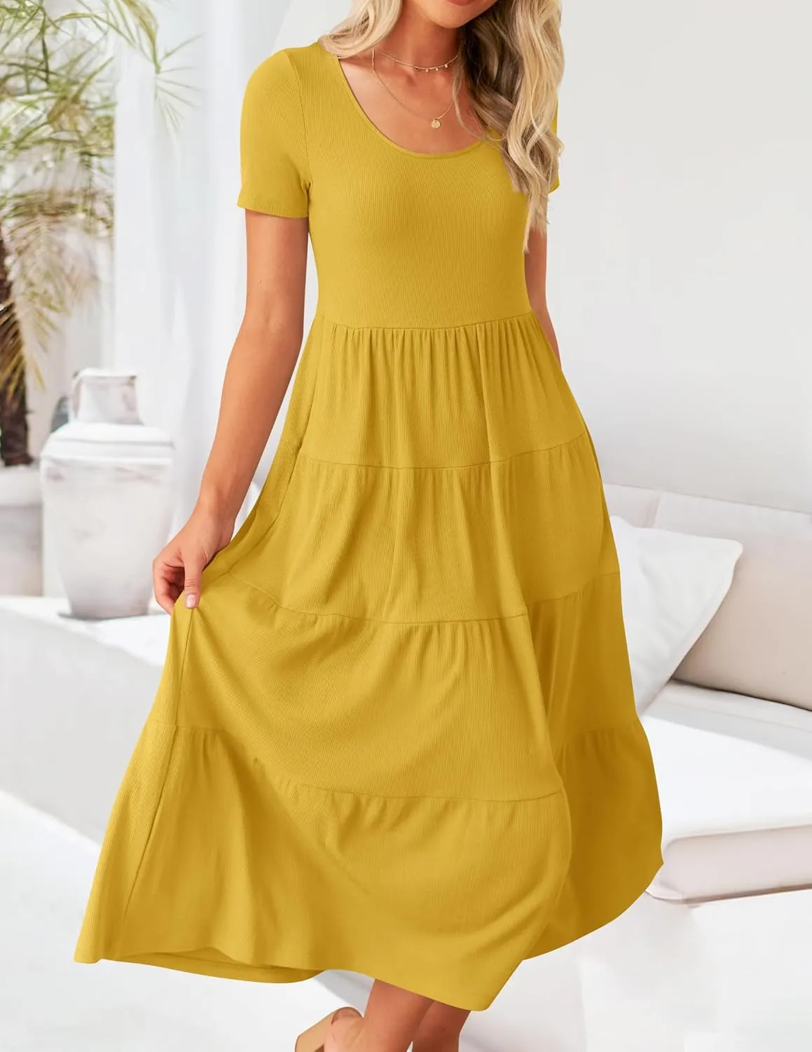 ZESICA Women's Summer Casual T Shirt Dress Short Sleeve Scoop Neck Flowy Tiered Beach Midi Dresses with Pockets