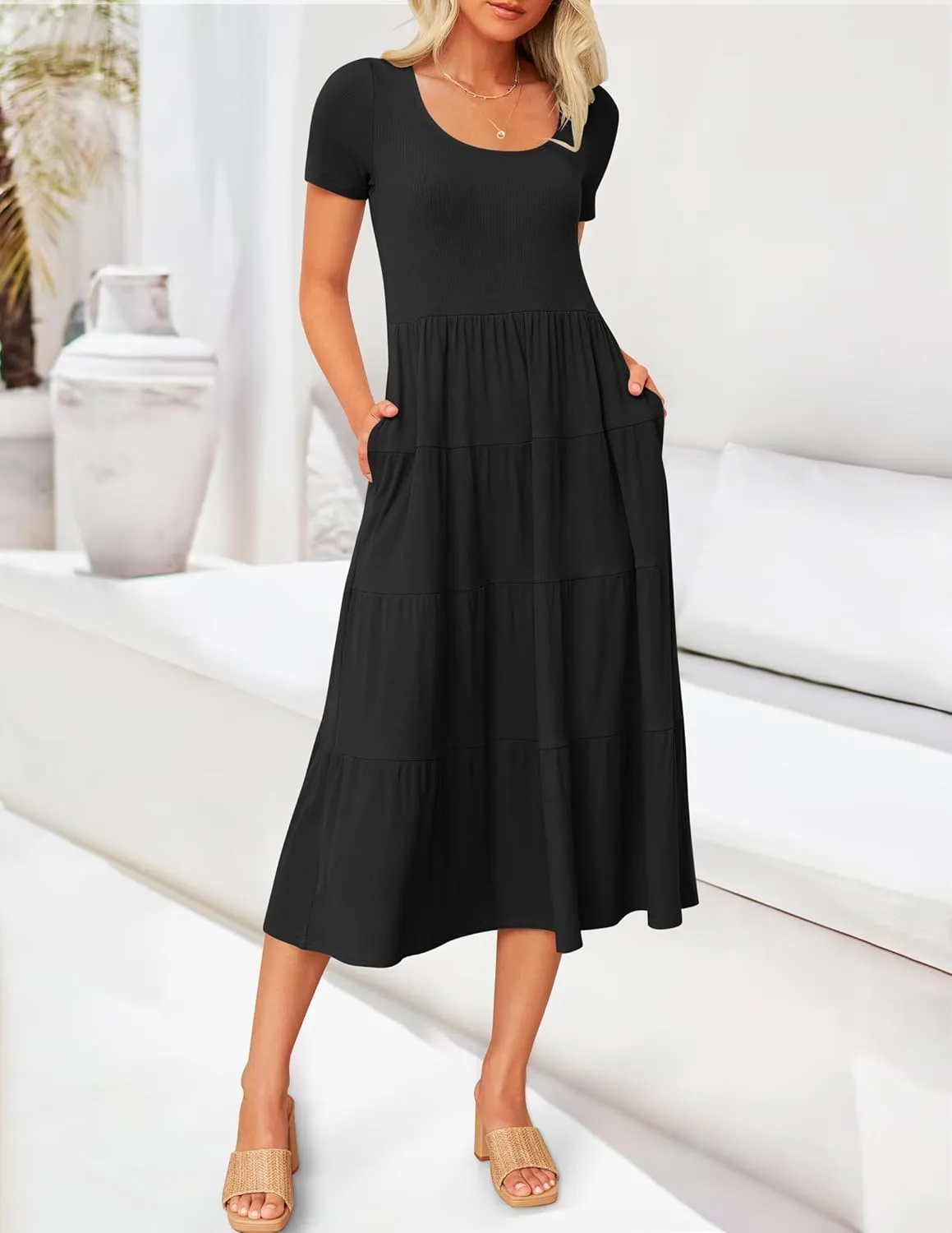 ZESICA Women's Summer Casual T Shirt Dress Short Sleeve Scoop Neck Flowy Tiered Beach Midi Dresses with Pockets