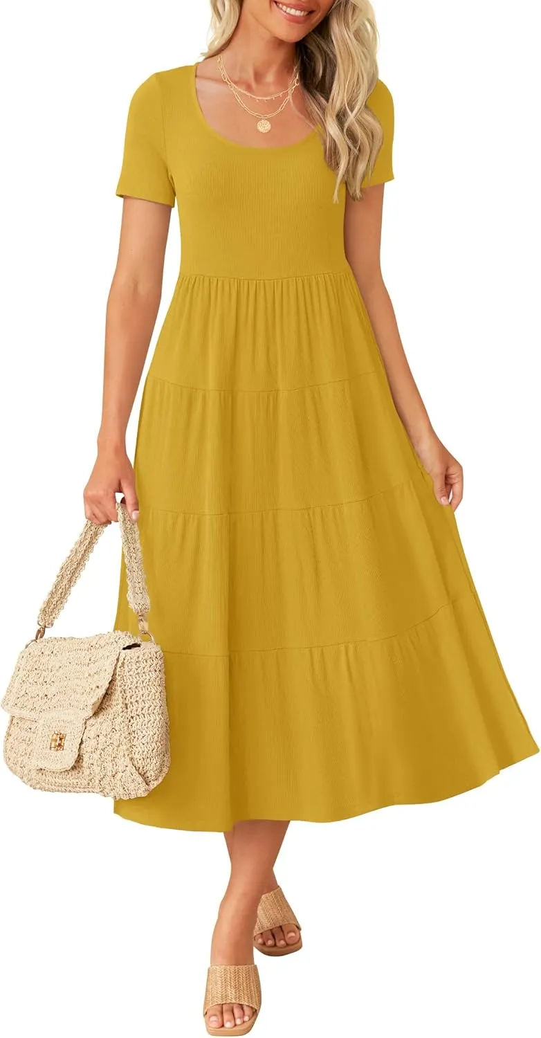 ZESICA Women's Summer Casual T Shirt Dress Short Sleeve Scoop Neck Flowy Tiered Beach Midi Dresses with Pockets