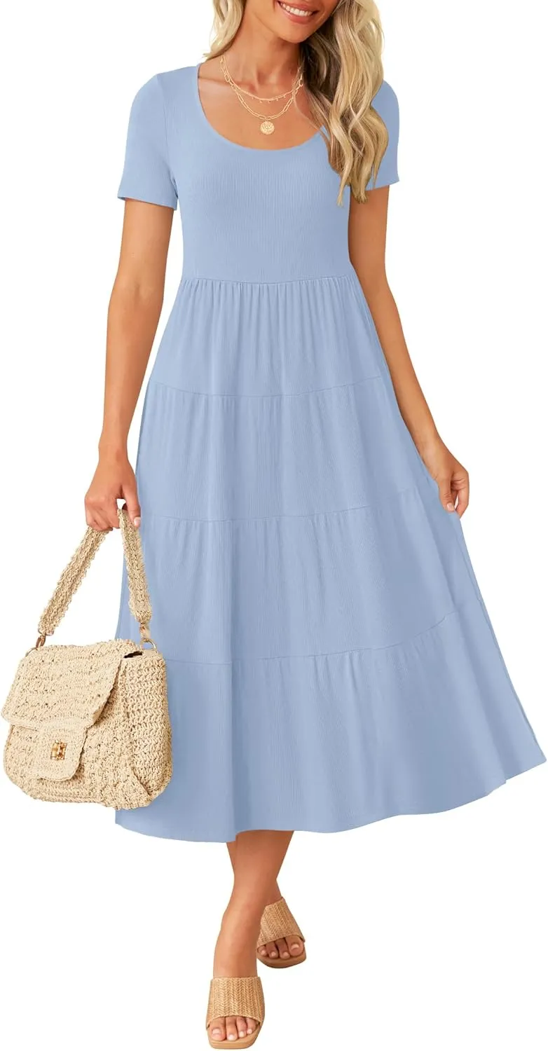 ZESICA Women's Summer Casual T Shirt Dress Short Sleeve Scoop Neck Flowy Tiered Beach Midi Dresses with Pockets