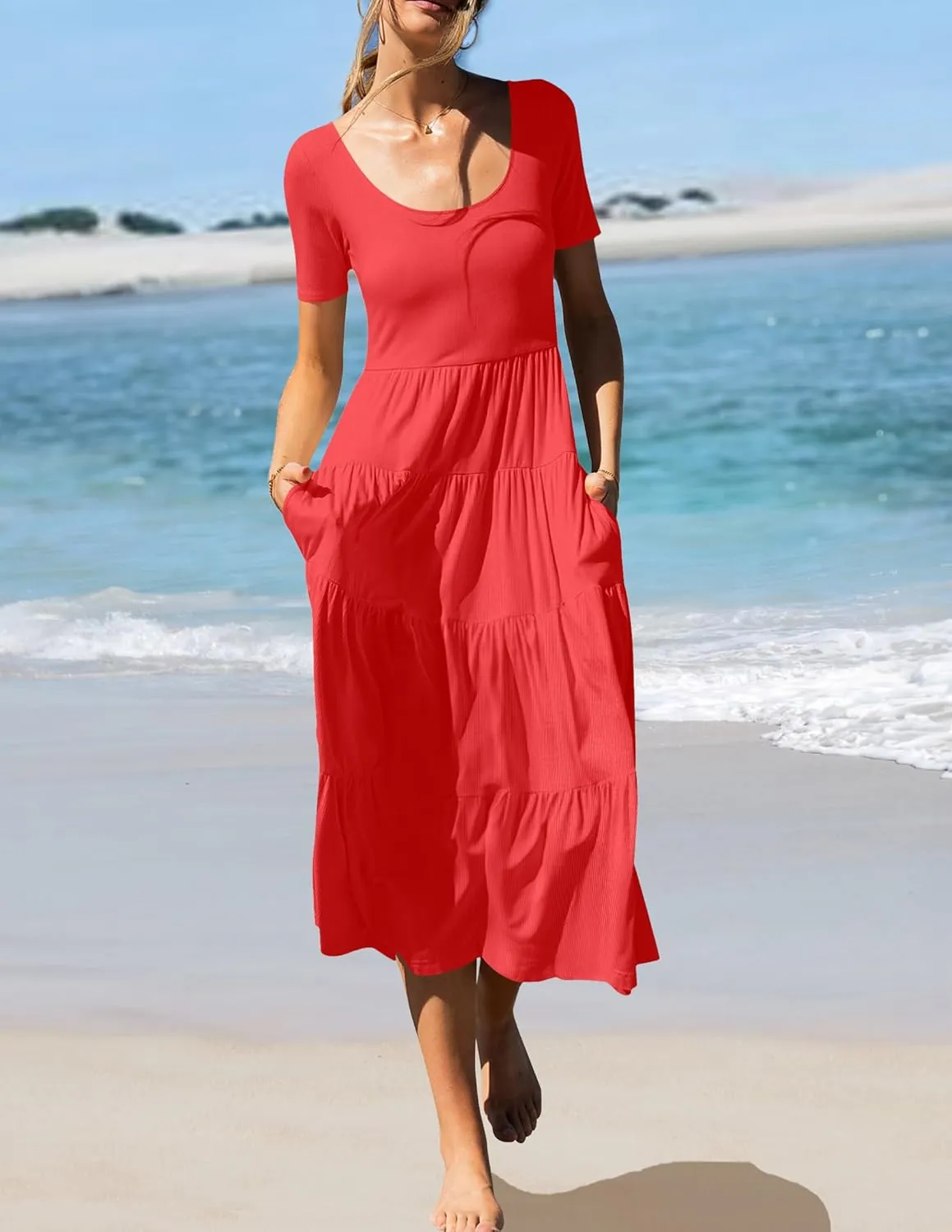 ZESICA Women's Summer Casual T Shirt Dress Short Sleeve Scoop Neck Flowy Tiered Beach Midi Dresses with Pockets