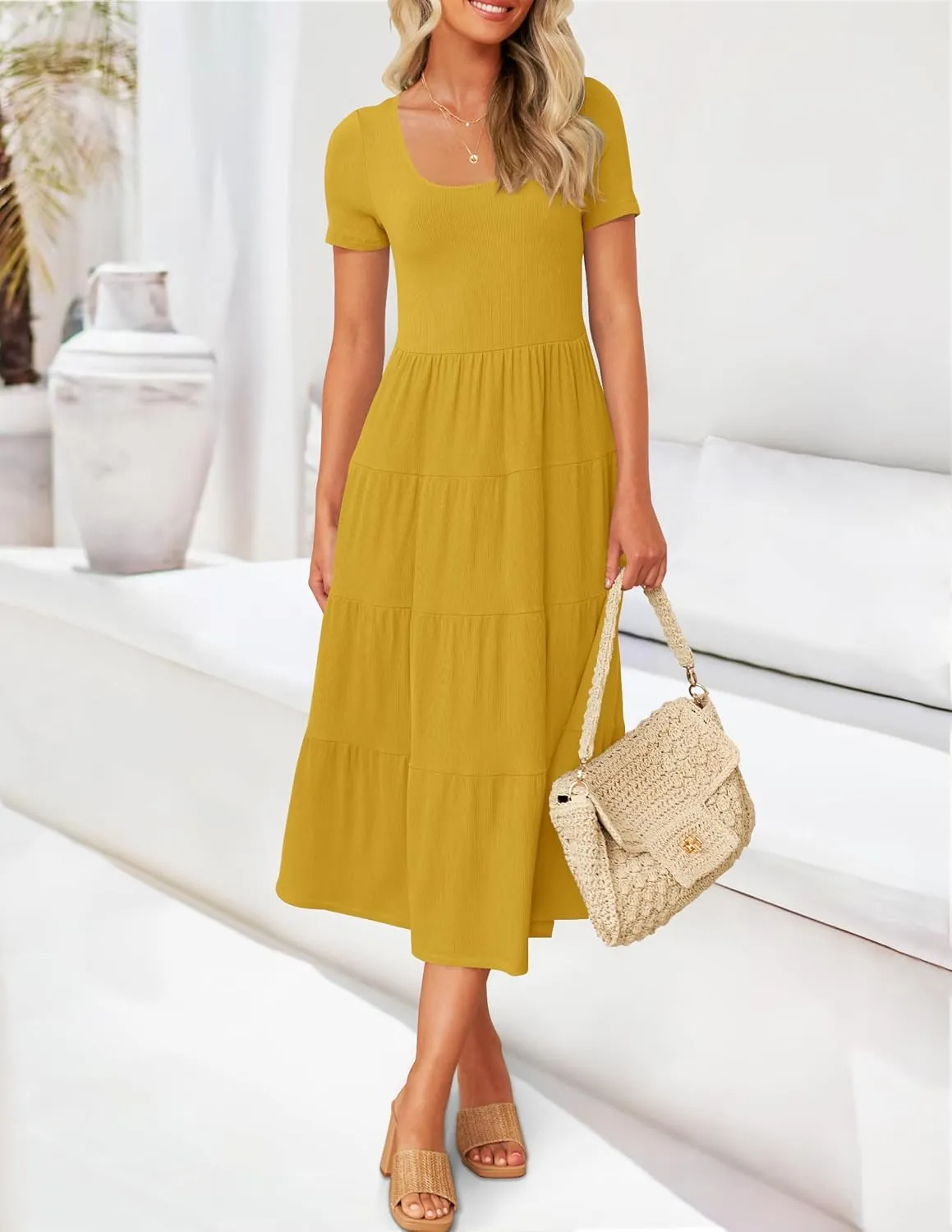 ZESICA Women's Summer Casual T Shirt Dress Short Sleeve Scoop Neck Flowy Tiered Beach Midi Dresses with Pockets