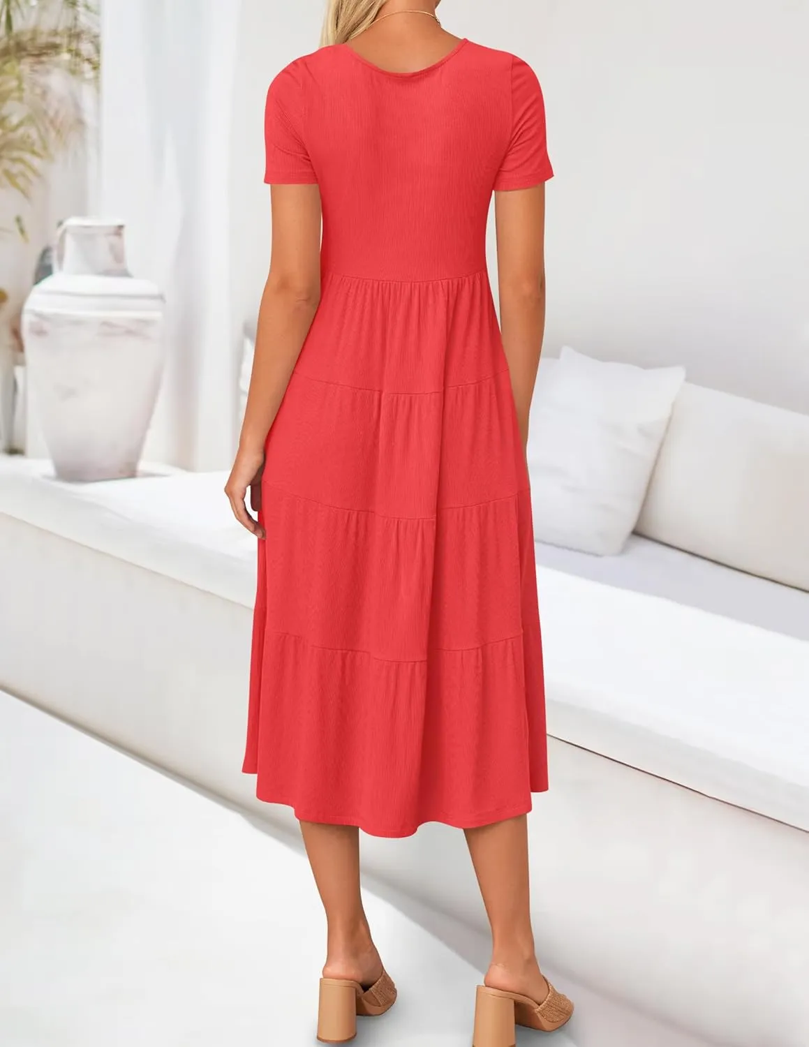 ZESICA Women's Summer Casual T Shirt Dress Short Sleeve Scoop Neck Flowy Tiered Beach Midi Dresses with Pockets