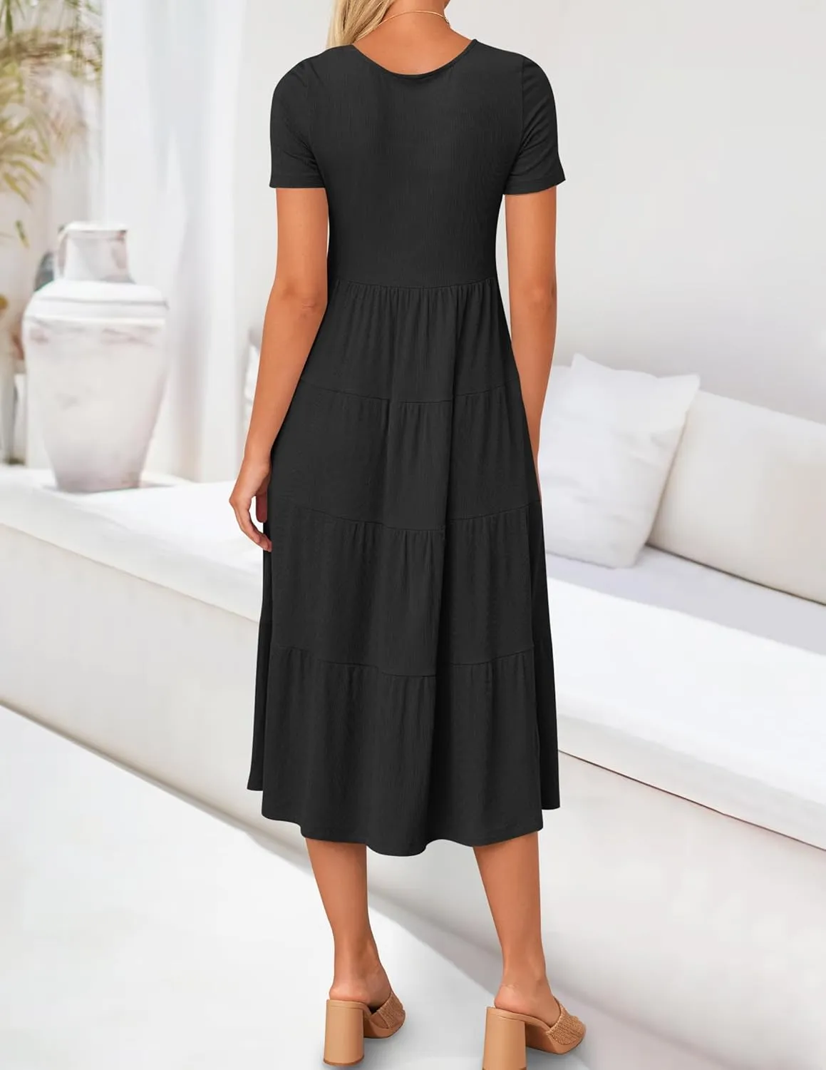 ZESICA Women's Summer Casual T Shirt Dress Short Sleeve Scoop Neck Flowy Tiered Beach Midi Dresses with Pockets