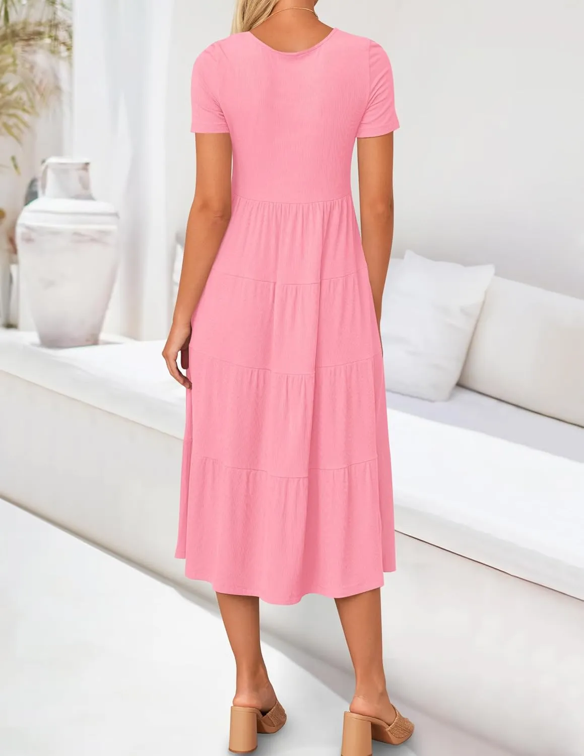 ZESICA Women's Summer Casual T Shirt Dress Short Sleeve Scoop Neck Flowy Tiered Beach Midi Dresses with Pockets