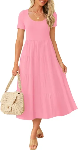 ZESICA Women's Summer Casual T Shirt Dress Short Sleeve Scoop Neck Flowy Tiered Beach Midi Dresses with Pockets