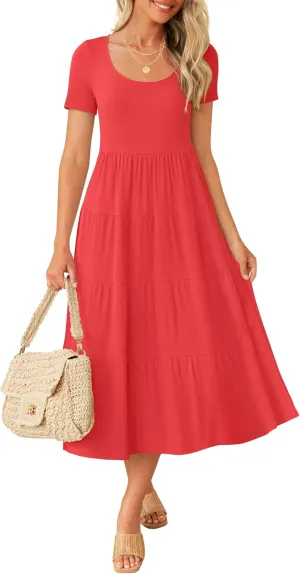ZESICA Women's Summer Casual T Shirt Dress Short Sleeve Scoop Neck Flowy Tiered Beach Midi Dresses with Pockets