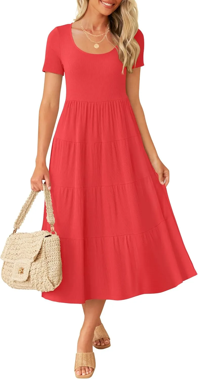 ZESICA Women's Summer Casual T Shirt Dress Short Sleeve Scoop Neck Flowy Tiered Beach Midi Dresses with Pockets