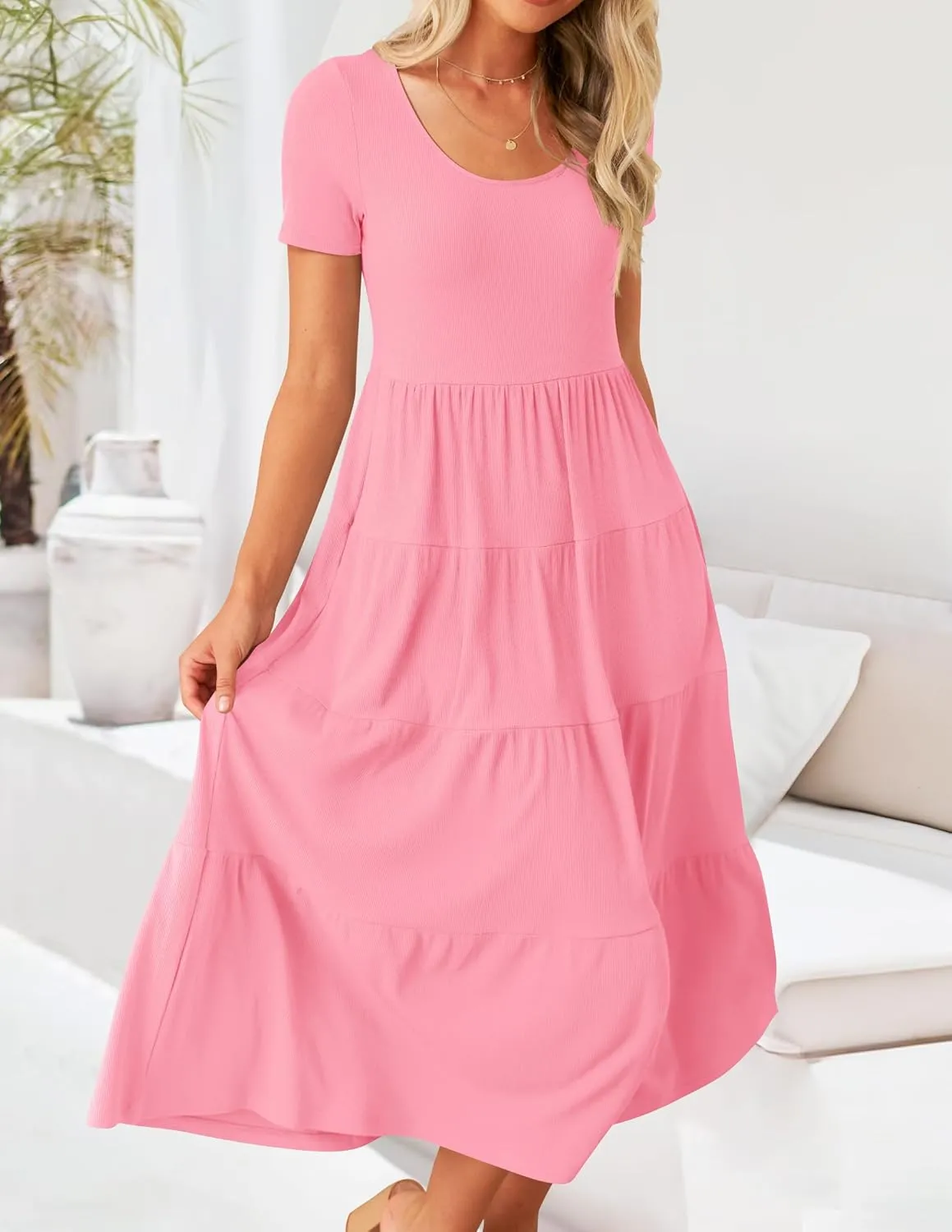 ZESICA Women's Summer Casual T Shirt Dress Short Sleeve Scoop Neck Flowy Tiered Beach Midi Dresses with Pockets