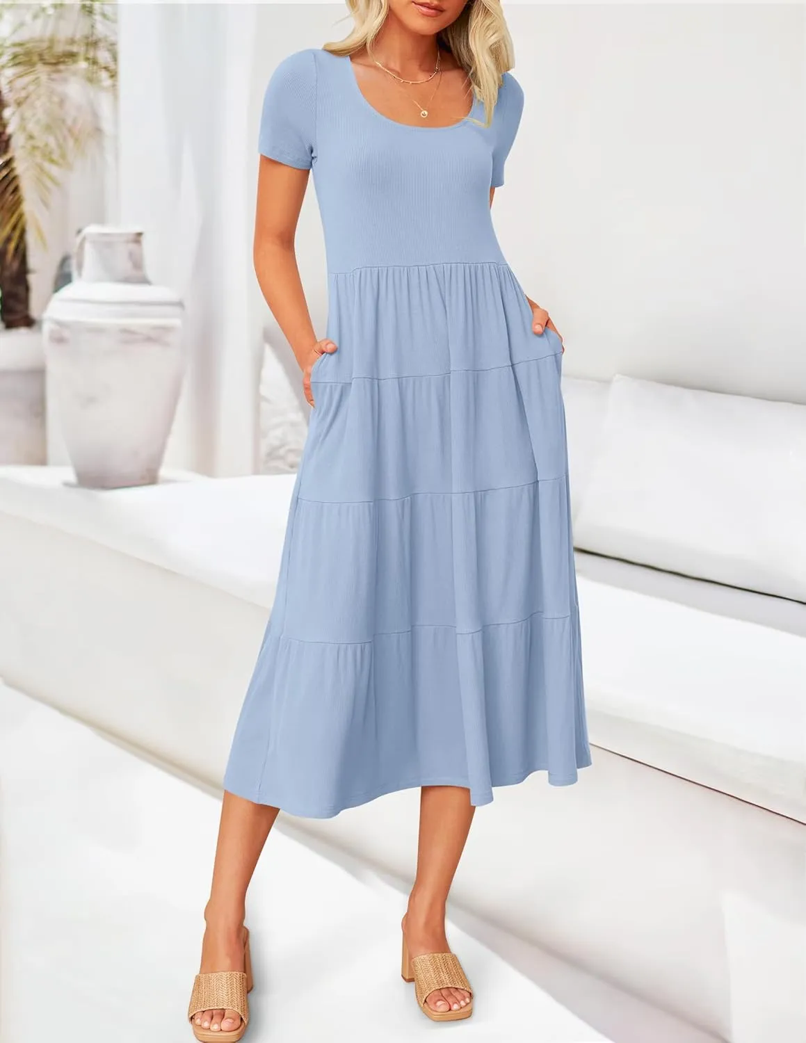 ZESICA Women's Summer Casual T Shirt Dress Short Sleeve Scoop Neck Flowy Tiered Beach Midi Dresses with Pockets