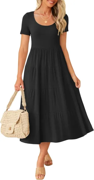ZESICA Women's Summer Casual T Shirt Dress Short Sleeve Scoop Neck Flowy Tiered Beach Midi Dresses with Pockets
