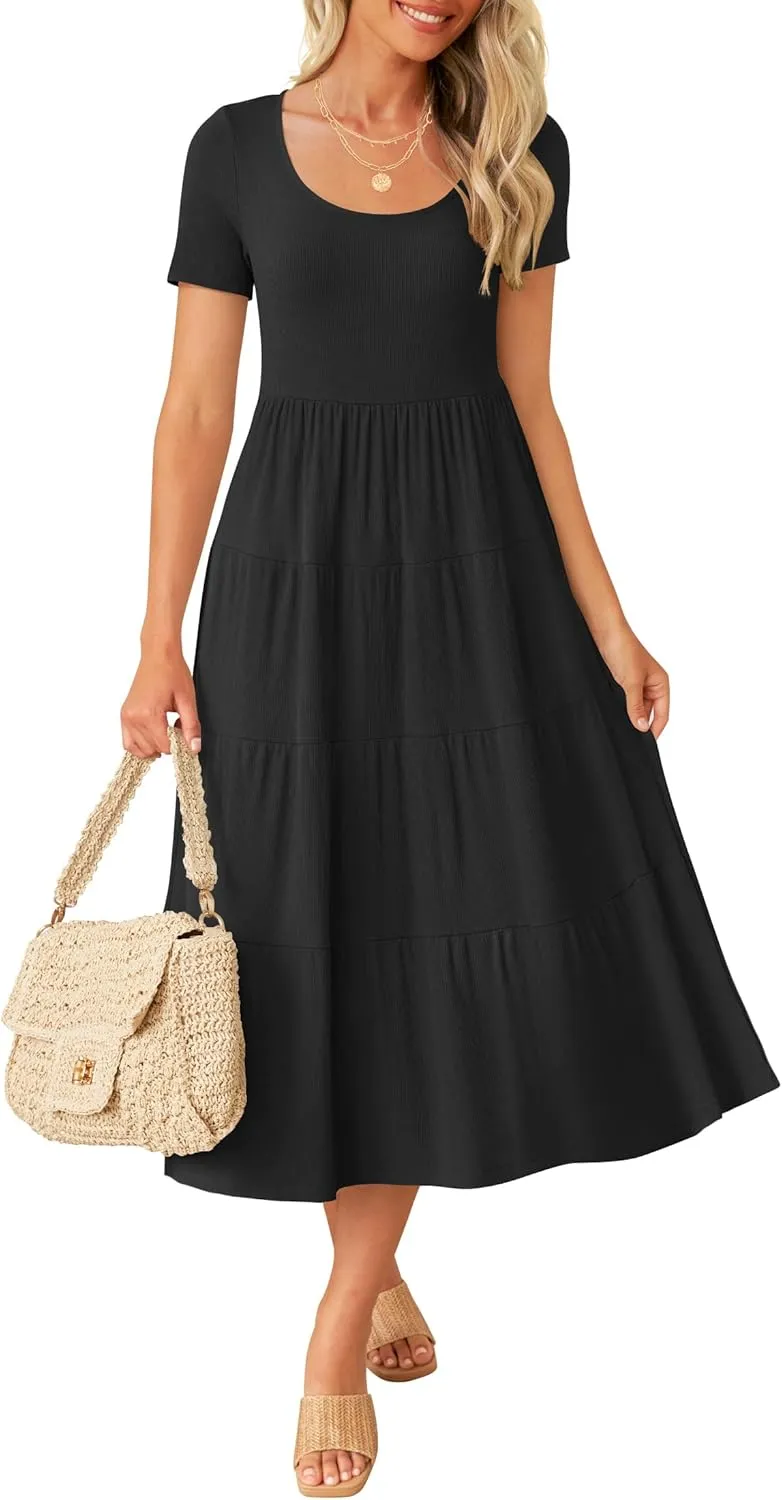 ZESICA Women's Summer Casual T Shirt Dress Short Sleeve Scoop Neck Flowy Tiered Beach Midi Dresses with Pockets