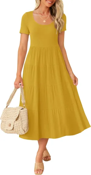 ZESICA Women's Summer Casual T Shirt Dress Short Sleeve Scoop Neck Flowy Tiered Beach Midi Dresses with Pockets