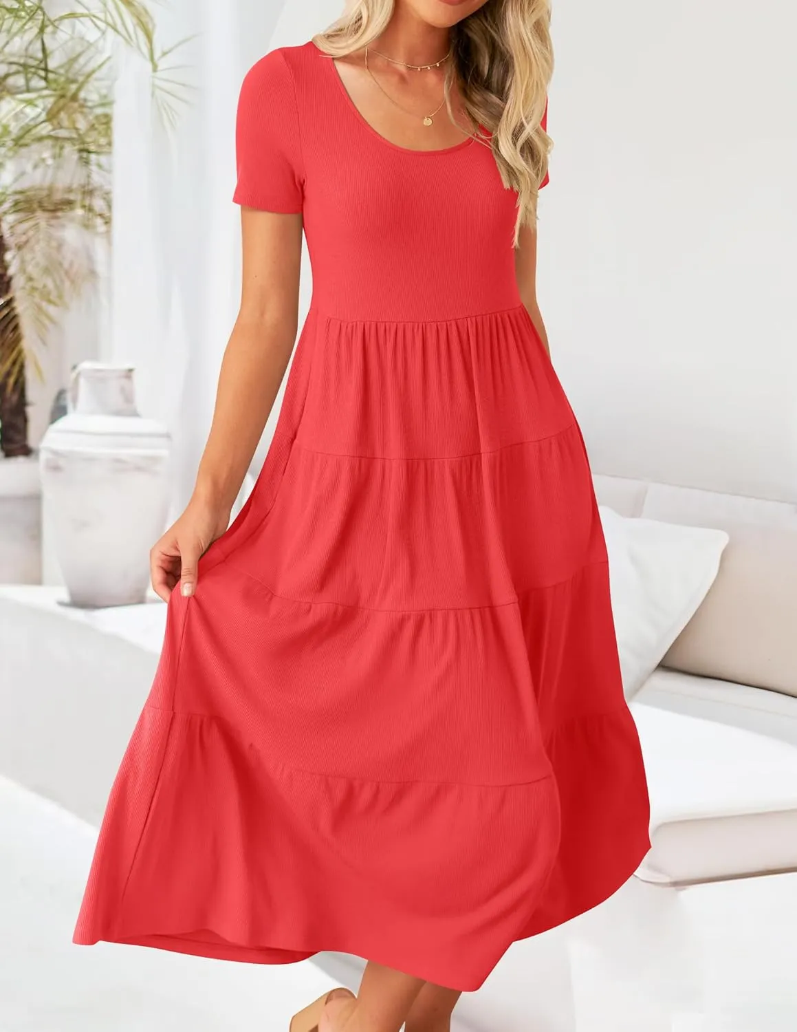 ZESICA Women's Summer Casual T Shirt Dress Short Sleeve Scoop Neck Flowy Tiered Beach Midi Dresses with Pockets