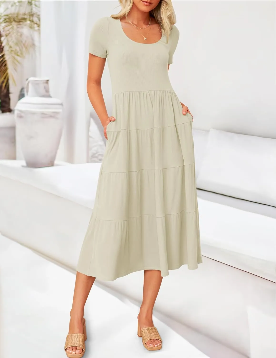 ZESICA Women's Summer Casual T Shirt Dress Short Sleeve Scoop Neck Flowy Tiered Beach Midi Dresses with Pockets