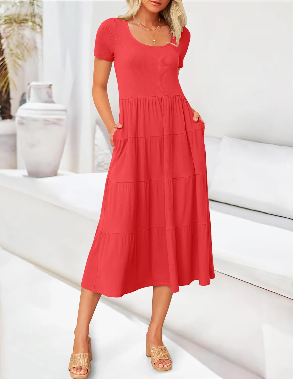 ZESICA Women's Summer Casual T Shirt Dress Short Sleeve Scoop Neck Flowy Tiered Beach Midi Dresses with Pockets